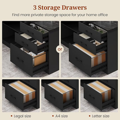 UPOSOJA 71" Executive Desk, Large Office Desk with Drawers & Storage Shelves, Modern L Shaped Computer Desk Corner Desk with Power Outlets, File Cabinet, Business Furniture Desk Workstation (Black)