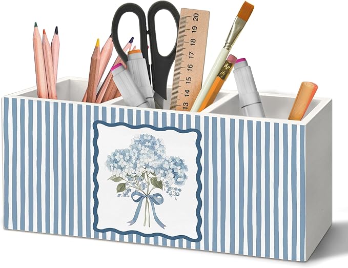 Blue Hydrangea Floral Pen Holder Organizer for Desk Accessories, Floral Office Decor, Blue Striped Cottagecore Botanical Hydrangea Flower Wooden Box Sign Desk Decorations for Home Office Decor