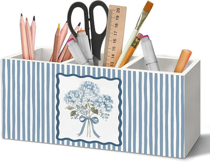 Blue Hydrangea Floral Pen Holder Organizer for Desk Accessories, Floral Office Decor, Blue Striped Cottagecore Botanical Hydrangea Flower Wooden Box Sign Desk Decorations for Home Office Decor