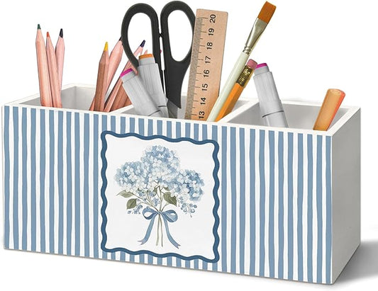 Blue Hydrangea Floral Pen Holder Organizer for Desk Accessories, Floral Office Decor, Blue Striped Cottagecore Botanical Hydrangea Flower Wooden Box Sign Desk Decorations for Home Office Decor
