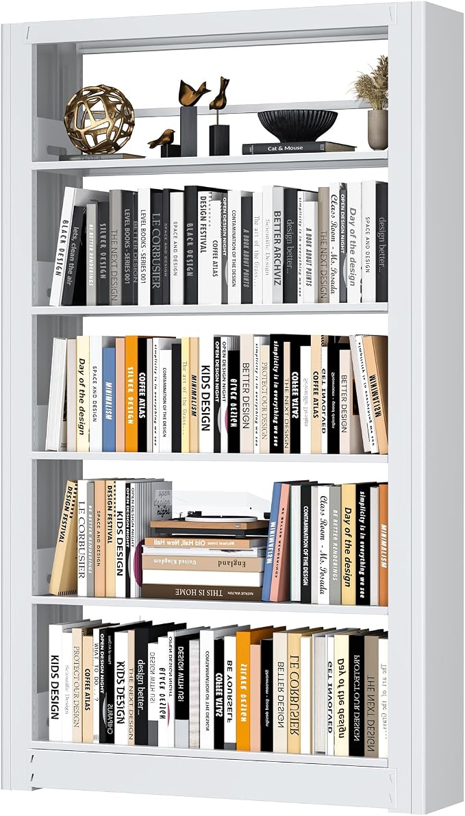 OSEILLC 69" Metal 5-Tier Bookshelf,Large Adjustable Bookcases (White) | Heavy Duty,Expandable bookshelf,280LB Load Capacity Each Shelf,Industrial Sturdy,Easy Assembly,Wide/Tall/Deep Bookcase