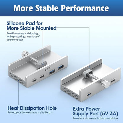 EJAY Desk Clamp USB Hub, 10Gbps Mountable USB C Hub Multiport Adapter, Aluminum Desktop Hub Desk Mount for iMac, Mac, PC, Under Desk USB Port Expander Splitter for Workstation, Silver