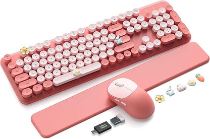 Wireless Keyboard and Mouse Combo, Typewriter Keyboard with Magnetic Wrist Rest, Full-Size Cute Round Keycaps, Sleep Mode, 2.4G Keyboards for Mac/Windows/PC, Office or Home, Trueque CK23Pro