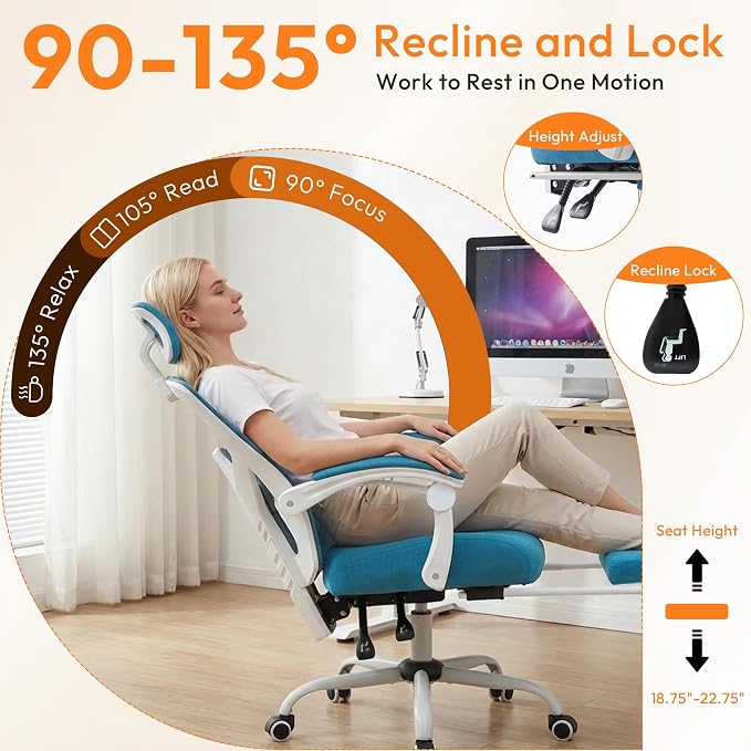 Ergonomic Desk Chair, High Back Office Chair with Wheels and Arms, Computer Chair with Footrest, Swivel Reclining Gaming Chair with Headrest, Comfy Armrest for Home, Office, Work, Study, Elegant Blue
