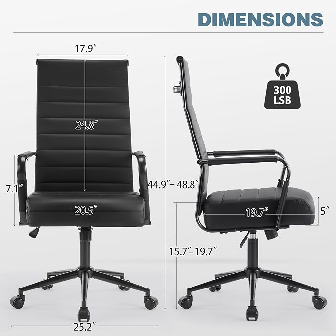 Office Desk Chair, Modern Leather Conference Room Chairs with High Back,Wheels and Arms, Ergonomic Executive Ribbed Height Adjustable Swivel Chair for Home Office (Black Frame)
