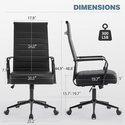 Office Desk Chair, Modern Leather Conference Room Chairs with High Back,Wheels and Arms, Ergonomic Executive Ribbed Height Adjustable Swivel Chair for Home Office (Black Frame)