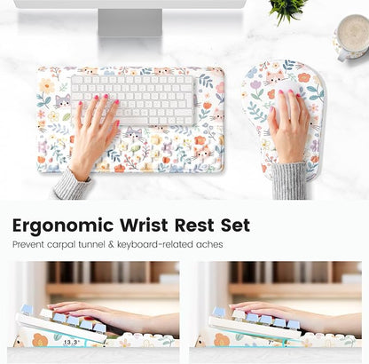 Ospelelf Keyboard Wrist Rest and Mouse Pad Set, Ergonomic Memory Foam Wrist Support, Aesthetic Desk Accessories for Office, Home & Gaming, Relief for Carpal Tunnel & Wrist Pain,Floral Cat