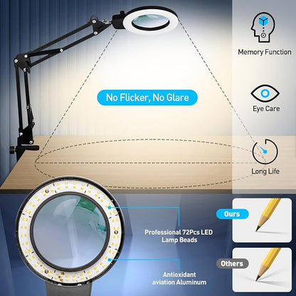 KIRKAS 12X Magnifying Glass with Light and Stand, Overhead Knob Magnifying Lamp for Workbench Craft, Sewing, LED Lighted Magnifier Real Glass Lens Adjust Arm Stepless Dimming and Color(22in Clamp)