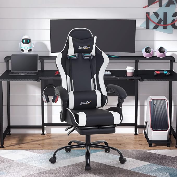 Gaming Chair Office Chair Desk Chair with Footrest Lumbar Support Headrest Armrest Task Rolling Swivel Ergonomic E-Sports Adjustable PC Gamer Chair (White)