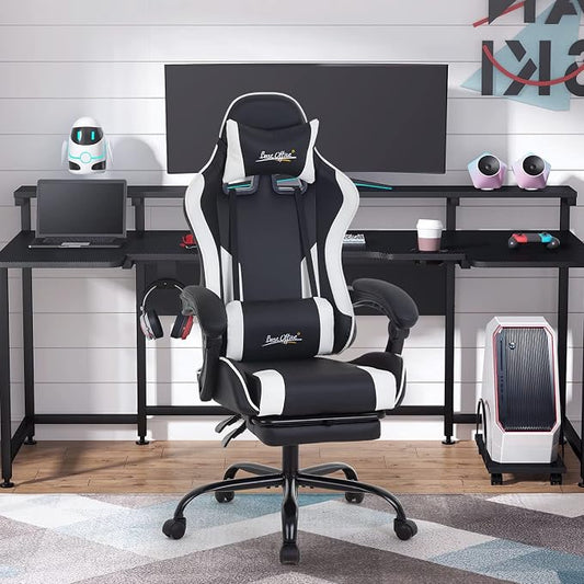 Gaming Chair Office Chair Desk Chair with Footrest Lumbar Support Headrest Armrest Task Rolling Swivel Ergonomic E-Sports Adjustable PC Gamer Chair (White)