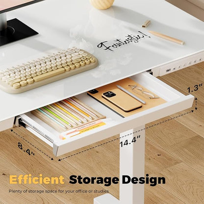 Glass Electric Standing Desk with Drawer, 31.5" x 20" Whole Piece Small Sit Stand Table, Height Adjustable Desk with Storage & USB Ports, Quick Install Home Office Computer Desk, White