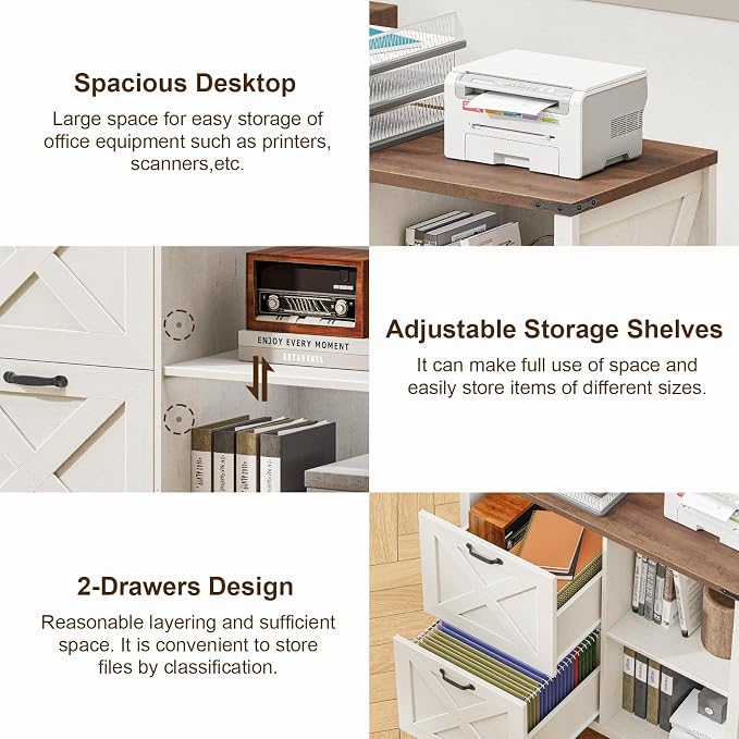 Halitaa 2 Drawer File Cabinet, Farmhouse Lateral Filing Cabinet Fits Files Letter or A4 Size, Wooden Printer Stand with Open Storage Adjustable Shelf for Home Office, Rustic White