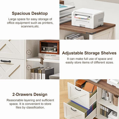 Halitaa 2 Drawer File Cabinet, Farmhouse Lateral Filing Cabinet Fits Files Letter or A4 Size, Wooden Printer Stand with Open Storage Adjustable Shelf for Home Office, Rustic White