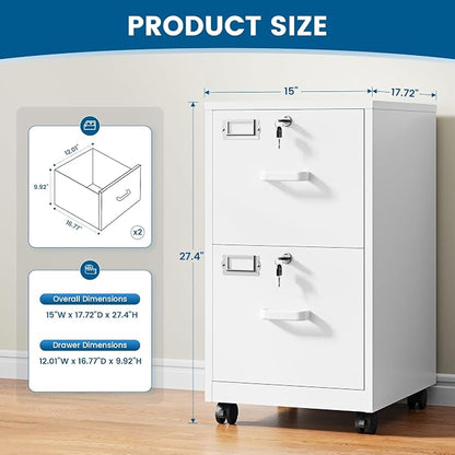 PEUKC 2 Drawers Mobile File Cabinet with Lock, Under Desk Rolling File Cabinet for Home Office, Organizes Letter Legal A4 Files, White(Assembly Required)