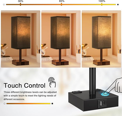 Touch Bedside Table Lamp for Nightstand - 3-Way Dimmable Night Lamp with USB A + Type C Charging Ports and Two AC Outlets, Small Desk Light with E26 LED Bulb for Bedroom Living Room Dorm Office,Black