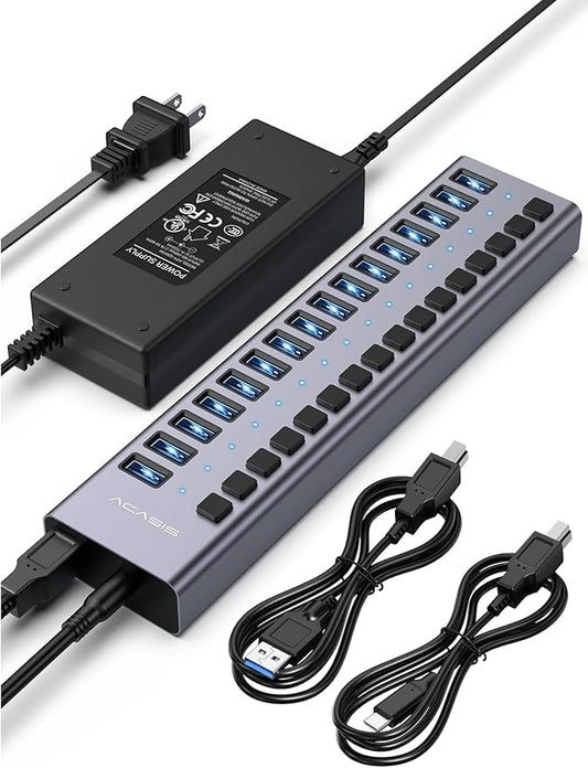Powered USB 3.2 Hub, ACASIS 16 Ports USB 3.2 Hub with 10Gbps Data Speed，Aluminum Housing, USB Hub Powered with 96W Power Adapter, USB Hub for PC/Laptop, Computer, Flash Drive, Printer, Camera