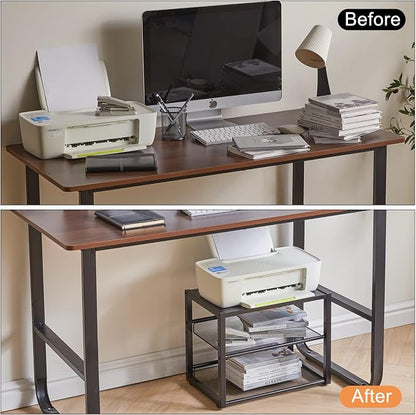 YMYNY Desktop Printer Stand, 3 Tiers Desk Organizer with Adjustable Storage Shelves, Multi-Purpose Printer Shelf for Home Office, Fax Machine, Scanner, Files, Books, Black, UHPT001B