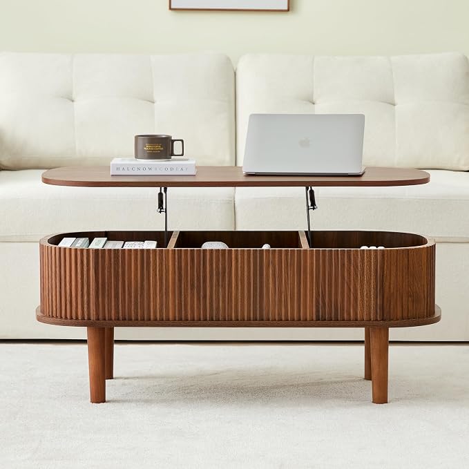 Fully Assembled Fluted Lift Top Coffee Table with Hidden Compartment, Wooden Center Table, Modern Oval Lift Tabletop for Home Living Room Office, Walnut