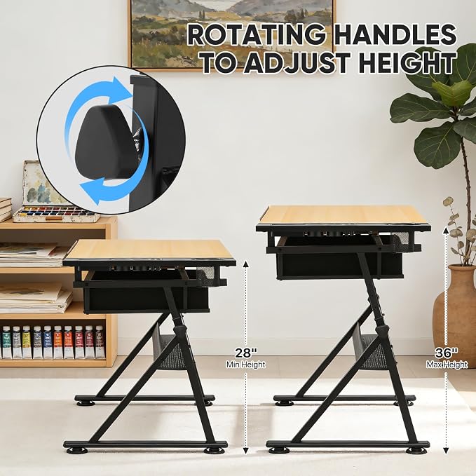 Magshion Professional Drafting Table for Adults w/Stool, Tilting Wooden Tabletop & Adjustable Height, Art Craft Desk Watercolor Painting Sketching Work Station for Studio Home Office School (Natural)
