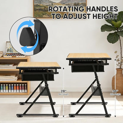 Magshion Professional Drafting Table for Adults w/Stool, Tilting Wooden Tabletop & Adjustable Height, Art Craft Desk Watercolor Painting Sketching Work Station for Studio Home Office School (Natural)