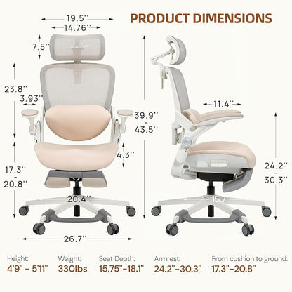 CabLady S2 Petite Office Chair for Women & Small Frames | 330lb Capacity, 4D Adjustable Lumbar/ Headrest, Flip-Up Arms & Footrest, Ergonomic Desk Chair