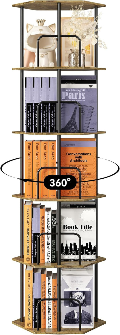 SUNMORY 5 Tier Rotating Bookshelf Tower, Revolving 360 ° Spinning Bookcase, Hexagonal Corner Book Shelf Storage Carousel, Vertical Rotate Turning Organizer Book Shelves for Living Room Office Bedroom