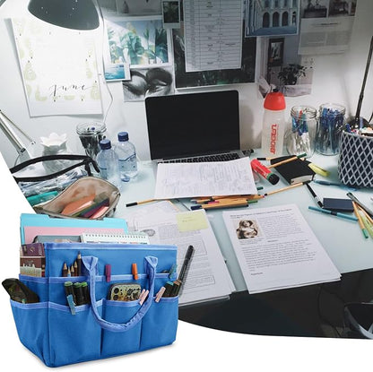 Cupohus Art Organizer Craft Storage Tote Bag with Pockets and Handles, Oxford Fabric Carrying Caddy for Teacher, Officer, Artist, Traveler, and more –Blue