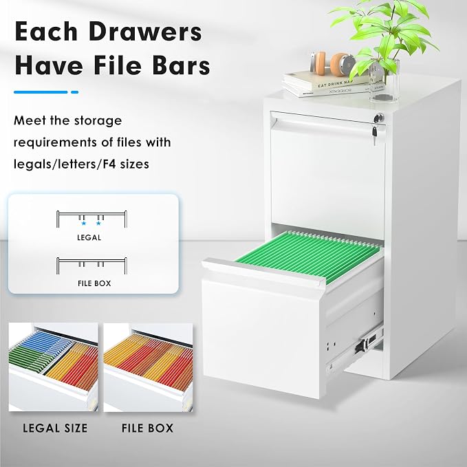 Greenvelly 18" D File Cabinet, 2 Drawer Filing Cabinet with Lock, Locking Vertical File Cabinet for Home Office, White Metal File Cabinet for Hanging Letter/Legal Folders, Easy Assemble