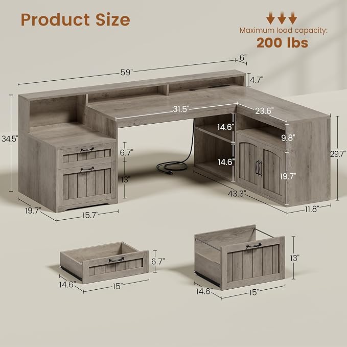 SEDETA Farmhouse L Shaped Desk with Drawers, 59" Office Desk with File Drawers, Wood Corner Computer Desk with Storage, Home Office Desks with Storage Cabinet and Monitor Stand, Grey
