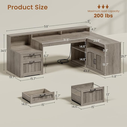 SEDETA Farmhouse L Shaped Desk with Drawers, 59" Office Desk with File Drawers, Wood Corner Computer Desk with Storage, Home Office Desks with Storage Cabinet and Monitor Stand, Grey