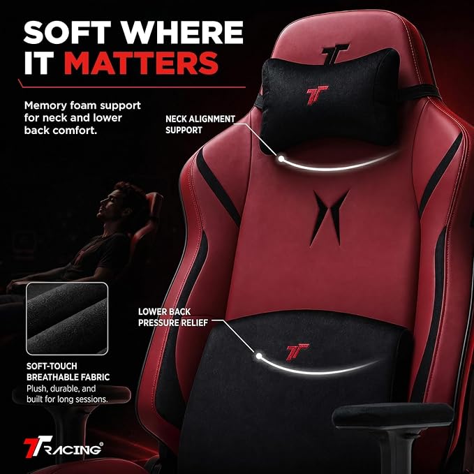 TTRACING Ergonomic Gaming Chair with 22-Inch Extra Wide Seat | Premium cold-molded foam desk seating for home office setup. Features 135° recline and heavy-duty frame Red