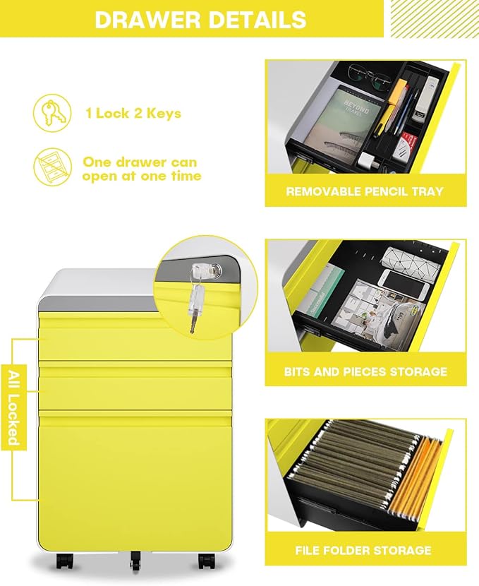 Dripex 3 Drawer Yellow File Cabinet, Mobile Under Desk Storage File Cabinet with Lock on Wheels, Letter/Legal Size, Fully Assembled, Small Short Vertical Metal Rolling Filing Cabinets for Home Office