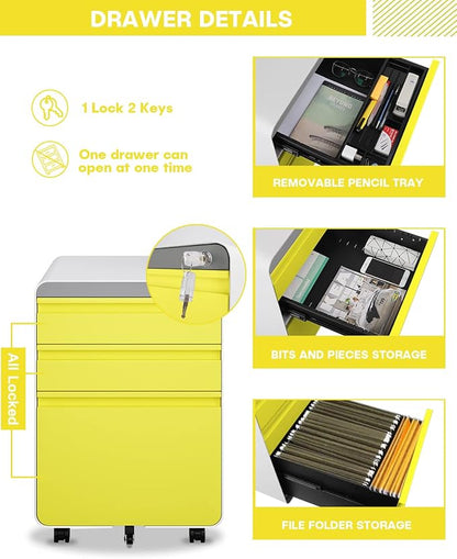 Dripex 3 Drawer Yellow File Cabinet, Mobile Under Desk Storage File Cabinet with Lock on Wheels, Letter/Legal Size, Fully Assembled, Small Short Vertical Metal Rolling Filing Cabinets for Home Office