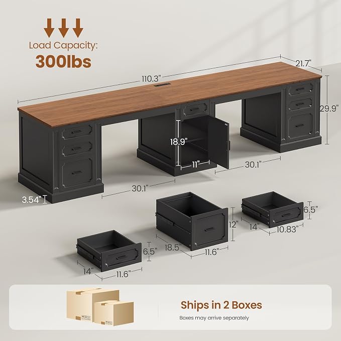 SEDETA Farmhouse 110.3" Two Person Desk with 7 Drawers, Long Computer Desk with Storage Cabinet, 2 Person Desk with Power Outlets for Home Office, Black+Brown