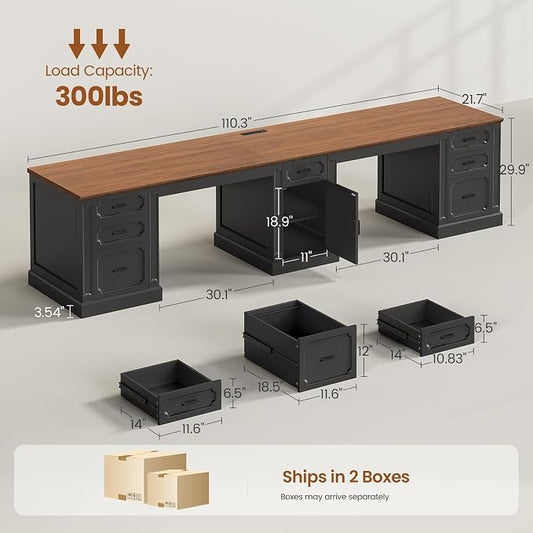 SEDETA Farmhouse 110.3" Two Person Desk with 7 Drawers, Long Computer Desk with Storage Cabinet, 2 Person Desk with Power Outlets for Home Office, Black+Brown