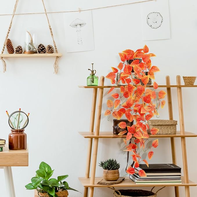 Fake Fall Plants Hanging Faux Orange Vines Artificial Potted Pothos Plant- Fall Decorations Autumn Decor for Thanksgiving Bathroom Wall Kitchen Room Decor Indoor and Outdoor (Black Pot)