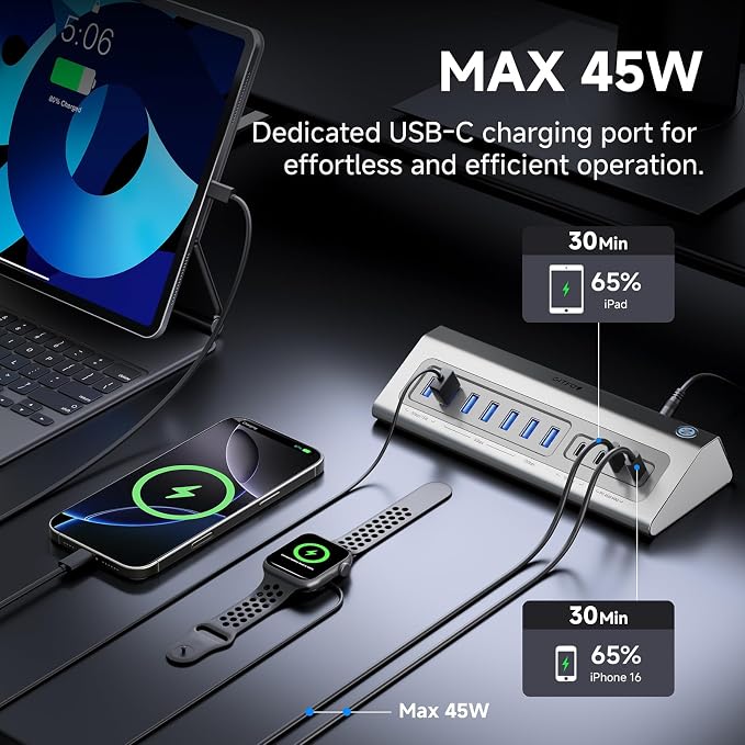 Giftos Powered USB Hub, 18 in 1 USB 3.2 Hub with 4K HDMI, PD 100W,45W Charge,10Gbps USB,SD/TF,Audio, 65W Adapter,3.3FT Cable,Aluminum,Smart Button, USB Hub for Mac, Mac mini, iMac,iPhone 17/16,iPad