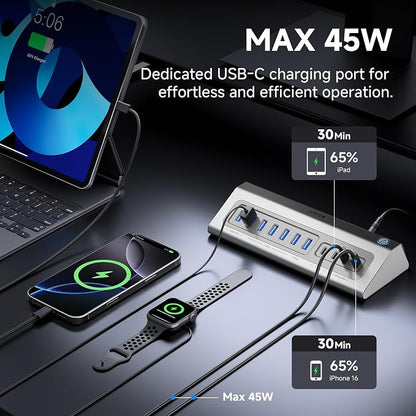 Giftos Powered USB Hub, 18 in 1 USB 3.2 Hub with 4K HDMI, PD 100W,45W Charge,10Gbps USB,SD/TF,Audio, 65W Adapter,3.3FT Cable,Aluminum,Smart Button, USB Hub for Mac, Mac mini, iMac,iPhone 17/16,iPad