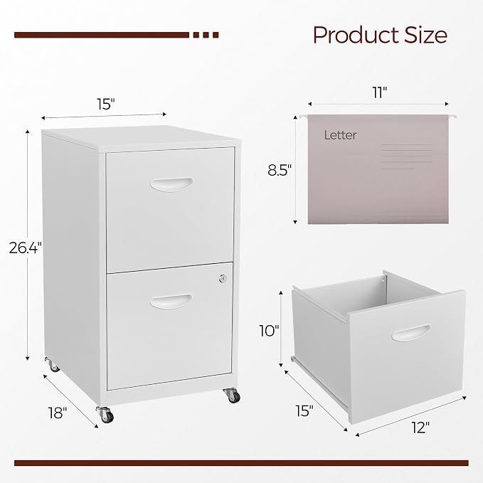2 Drawer Mobile File Cabinet with Lock, White Metal Filing Cabinets with Wheels, Vertical Rolling File Cabinet Fit Hanging Files, Letter and A4 Documents
