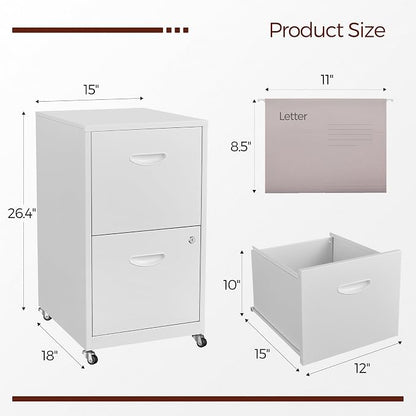 2 Drawer Mobile File Cabinet with Lock, White Metal Filing Cabinets with Wheels, Vertical Rolling File Cabinet Fit Hanging Files, Letter and A4 Documents
