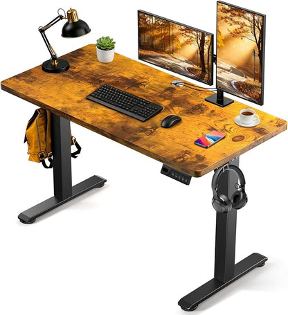 Standing Desk, 55 x 24 Inches Electric Height Adjustable Desk, Sit Stand up Desk, Memory Computer Home Office Gaming Desk with 3 Preset Heights, Table Cable Management Box, Brown