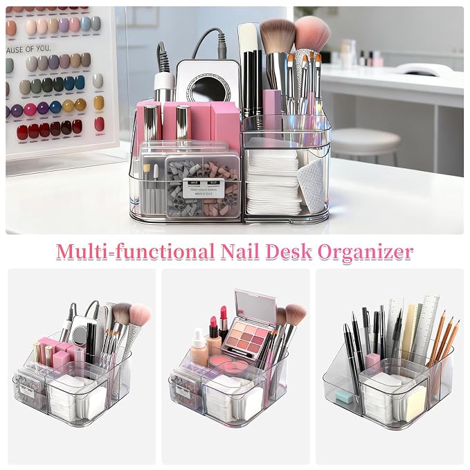 BQAN Transparent Acrylic Nail Desk Organizer, Drill & Brush Holder, Professional Storage Box for Nail Tools, Makeup, Eyeshadows, Skin Care