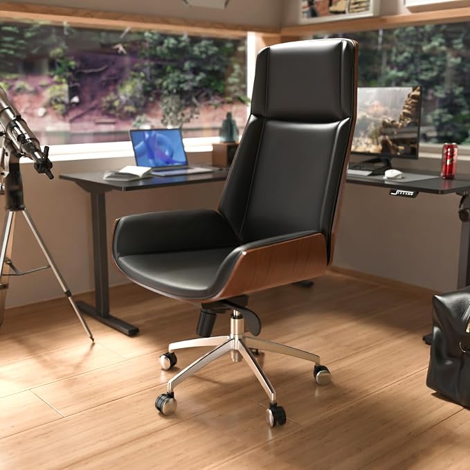 FOH Luxury Wooden Swivel and Adjustable Executive Chair, Wide Pu Leather Office Chair, Modern and Vintage Design High Back Computer Desk Chair for Conference Rooms and Home Offices (Black)