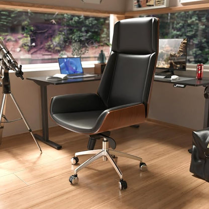 FOH Luxury Wooden Swivel and Adjustable Executive Chair, Wide Pu Leather Office Chair, Modern and Vintage Design High Back Computer Desk Chair for Conference Rooms and Home Offices (Black)