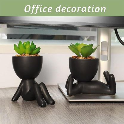 Zerzsy 3 PCS Cute Artificial Succulent Plants with Creative Ceramics Human Shaped Pots, Mini Potted Plants Black Bathroom Fakeplants, Faux Succulent Desk Decor for Home Office Shelf Decor