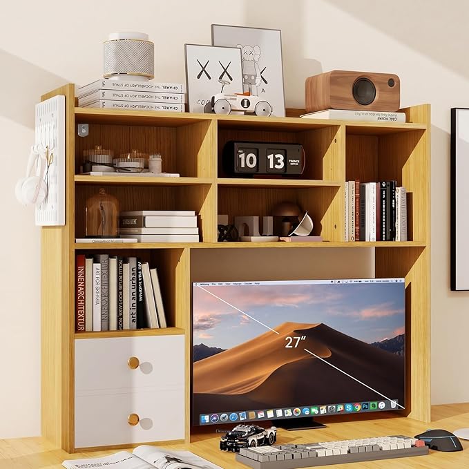 ELECWISH Desktop Bookshelf, Desk Shelf with 2 Drawers for Computer Desk, 36.22" 7-Tier Adjustable Desktop Hutch Organizer with Pegboard for Home Office, Oak