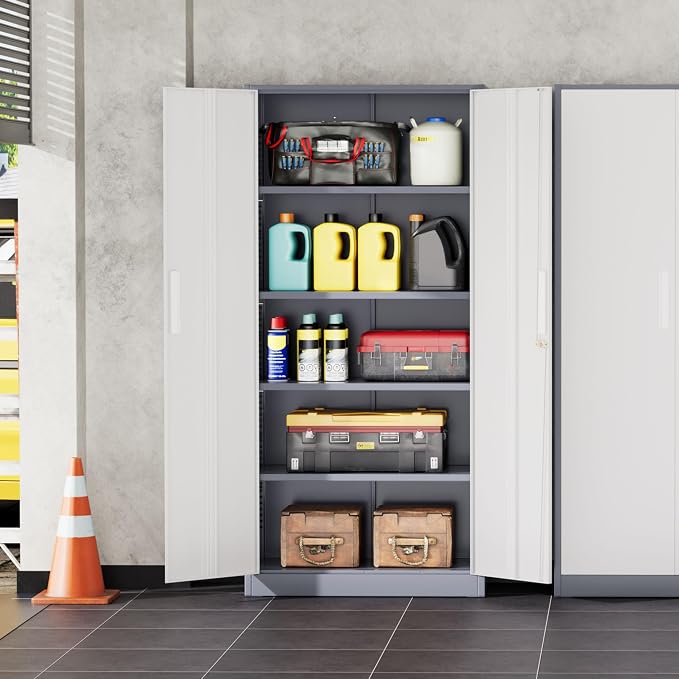 INTERGREAT Storage Cabinet with Doors and Shelves, Metal Garage Storage Cabinets with Lock, Black Lockable Steel Supply Cabinet for Home Office, Warehouse (Grey White)