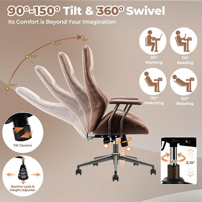 ovios Executive Ergonomic Office Chair, High Back Comfy Faux Suede Leather Computer Chairs, Mid-Century Modern Swivel Rolling Task Armchair, Dark Brown