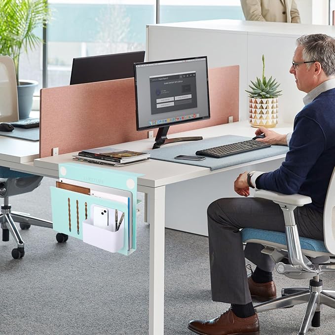 LUKETURE Desk Side Storage Laptop Holder No Drill Clamp On Organizer | Steel Side Desk Organizer, Clamp on Laptop Mount with Pen Holder, Hanging Storage for Home Office, Fits 0.3" to 2.8"