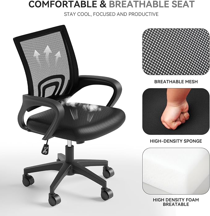 Office Chair, Ergonomic Mid-Back Mesh Desk Chair with Lumbar Support, Adjustable Height Computer Chair with Rolling Wheels Design,Comfy Armrest for Work, Study, Gaming, 10 Pack, Black